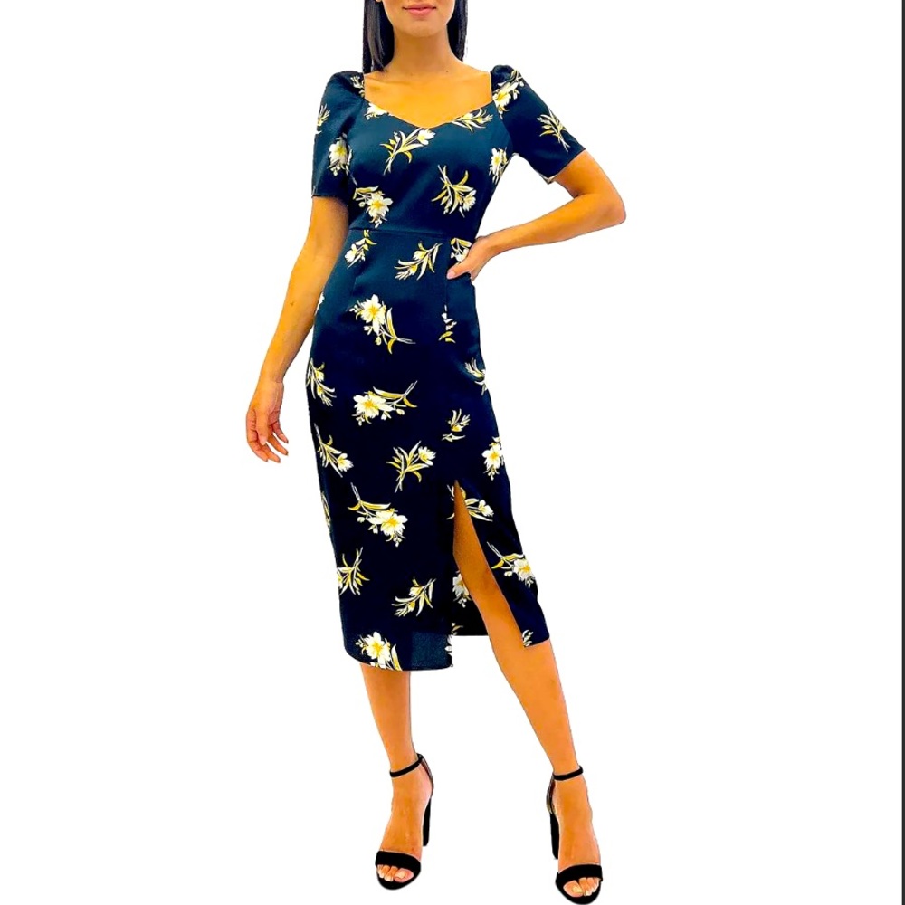 NWT navy blue satin midi gold dress silk feel short sleeve square neck long 2